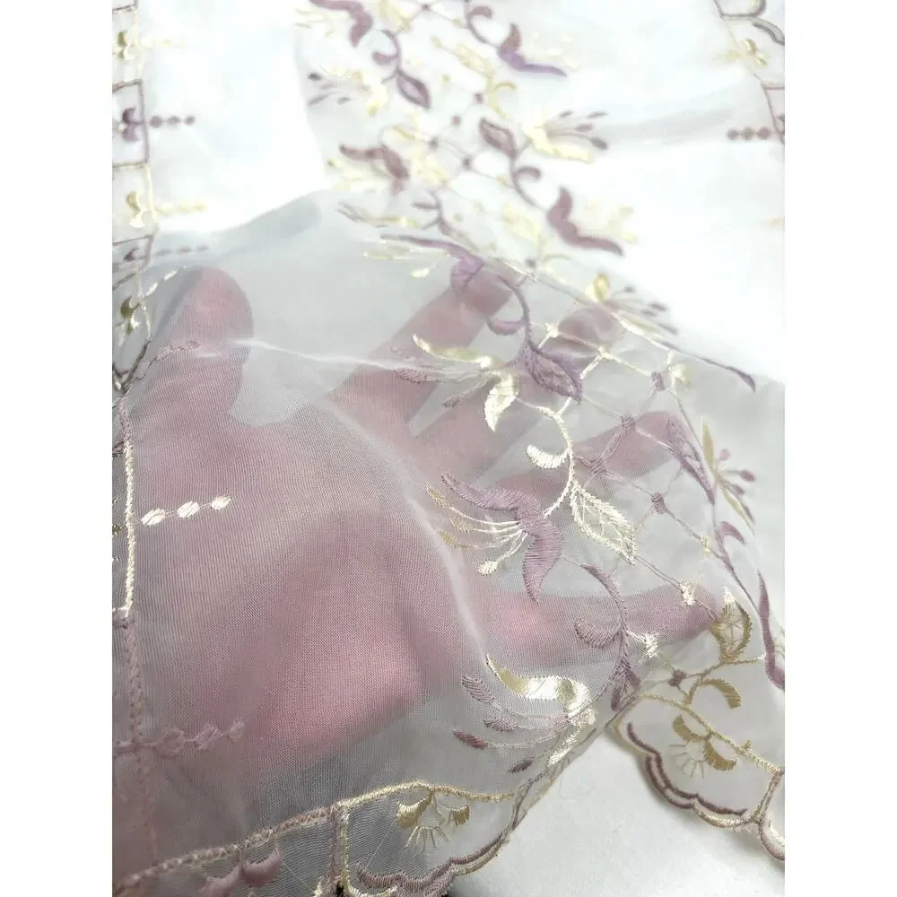 Sheer Table Runner Dresser Scarf Purple Floral Embroidery Ruffled Border (2)